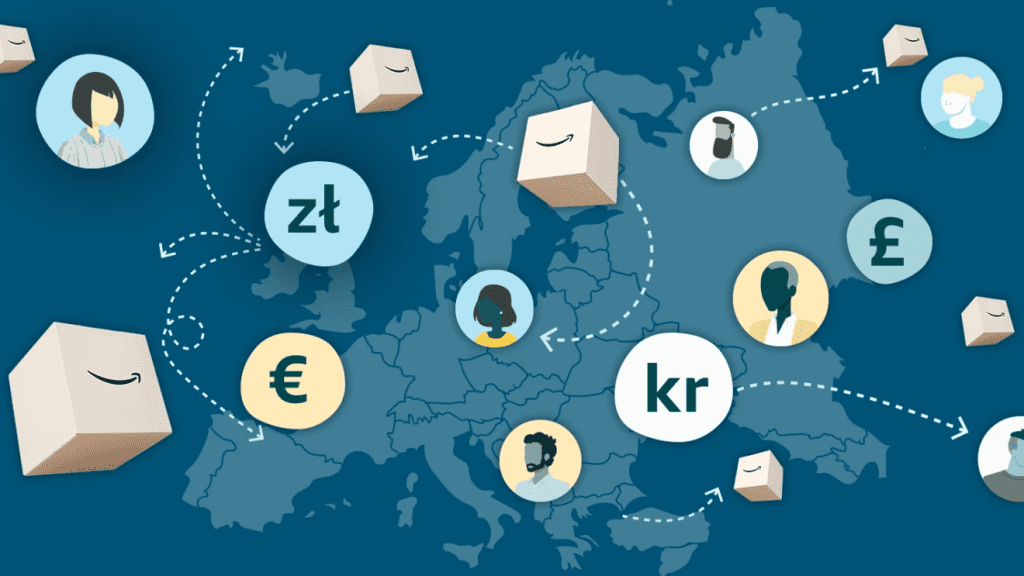 Illustration of Amazon boxes delivery across Europe
